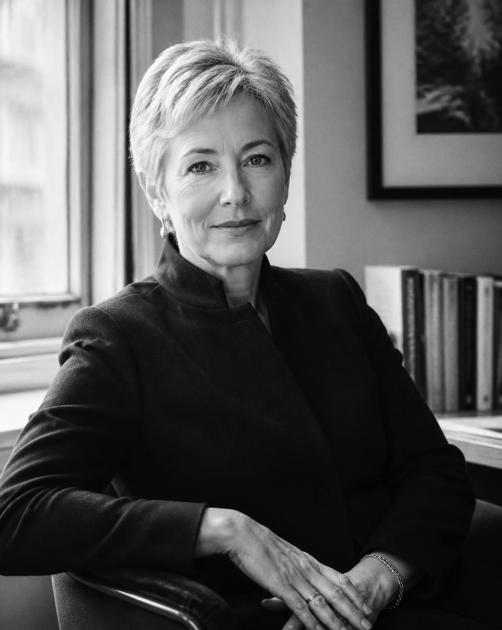 Black and white portrait of Deb Best seated by a window, hands folded, bookshelf behind her