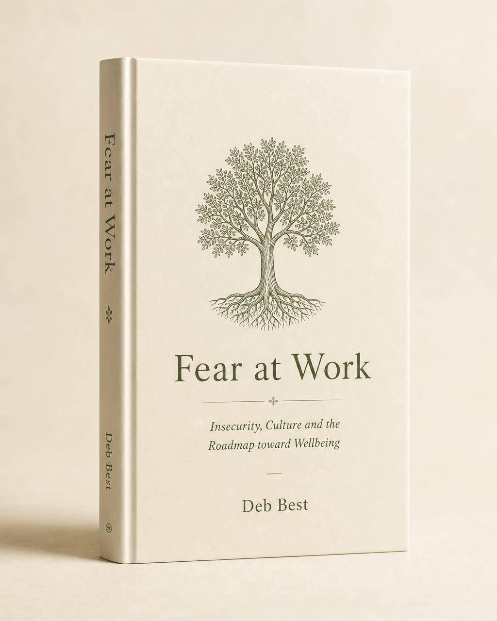 Hardcover of Fear at Work by Deb Best, cream cover with a fine-line tree of life engraving in moss green